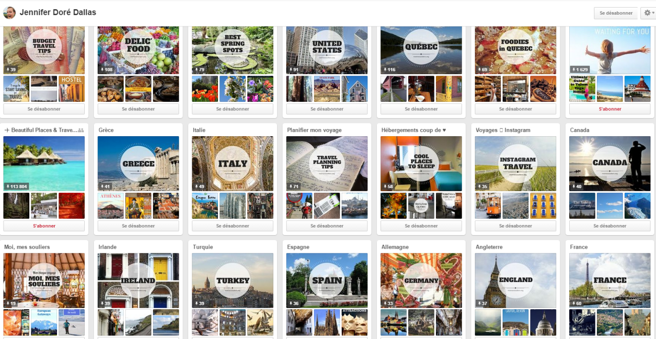 Tableaux Pinterest de Jennifer Doré Dallas,  blogueuse voyage mieux connue comme Moi mes souliers