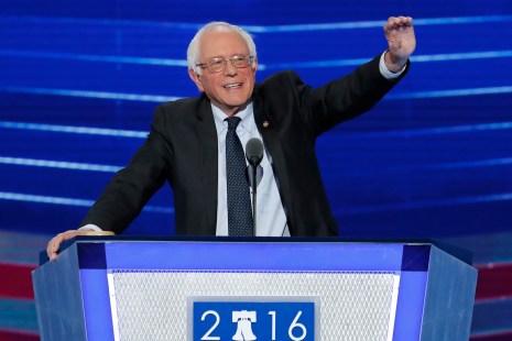 Former Democratic presidential candidate, Sen. Bernie Sanders, I-Vt., waves to delegates before speaking during the first day of the Democratic National Convention in Philadelphia , Monday, July 25, 2016. (AP Photo/J. Scott Applewhite)