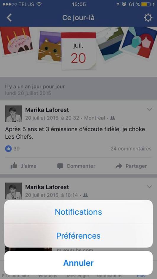 Ce jour là Souvenirs Facebook paramètres mobile