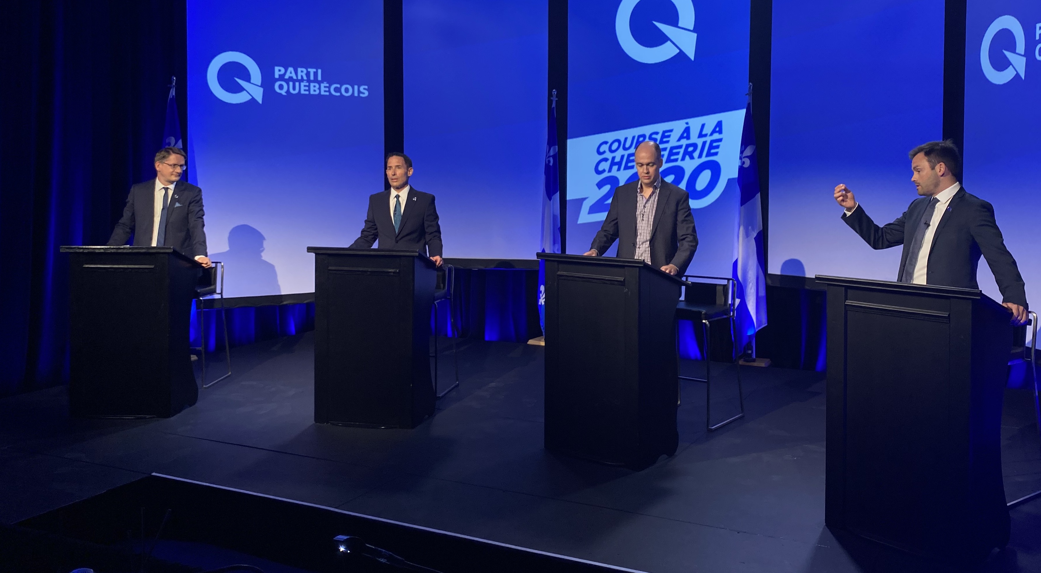 Débat à la chefferie du PQ: de gauche à droite, Sylvain Gaudreault, Frédéric Bastien, Guy Nantel et Paul St-Pierre Plamondon