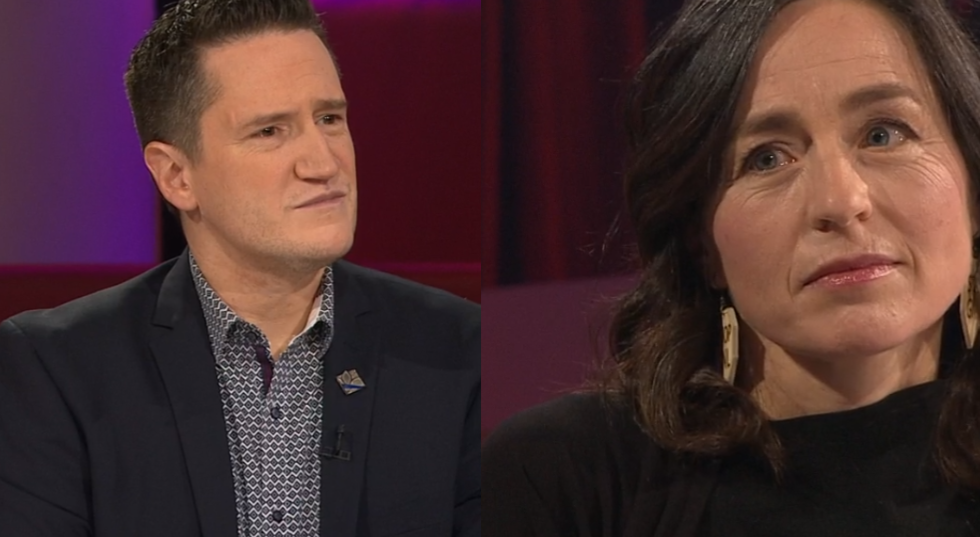 Benoit Charette et Laure Waridel sur le plateau de TLMEP