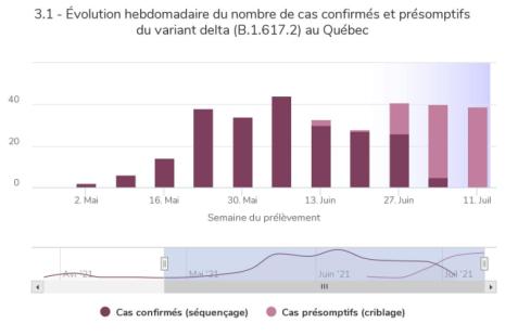 Le variant delta représente une part sans cesse grandissante des nouveaux cas de COVID-19 au Québec