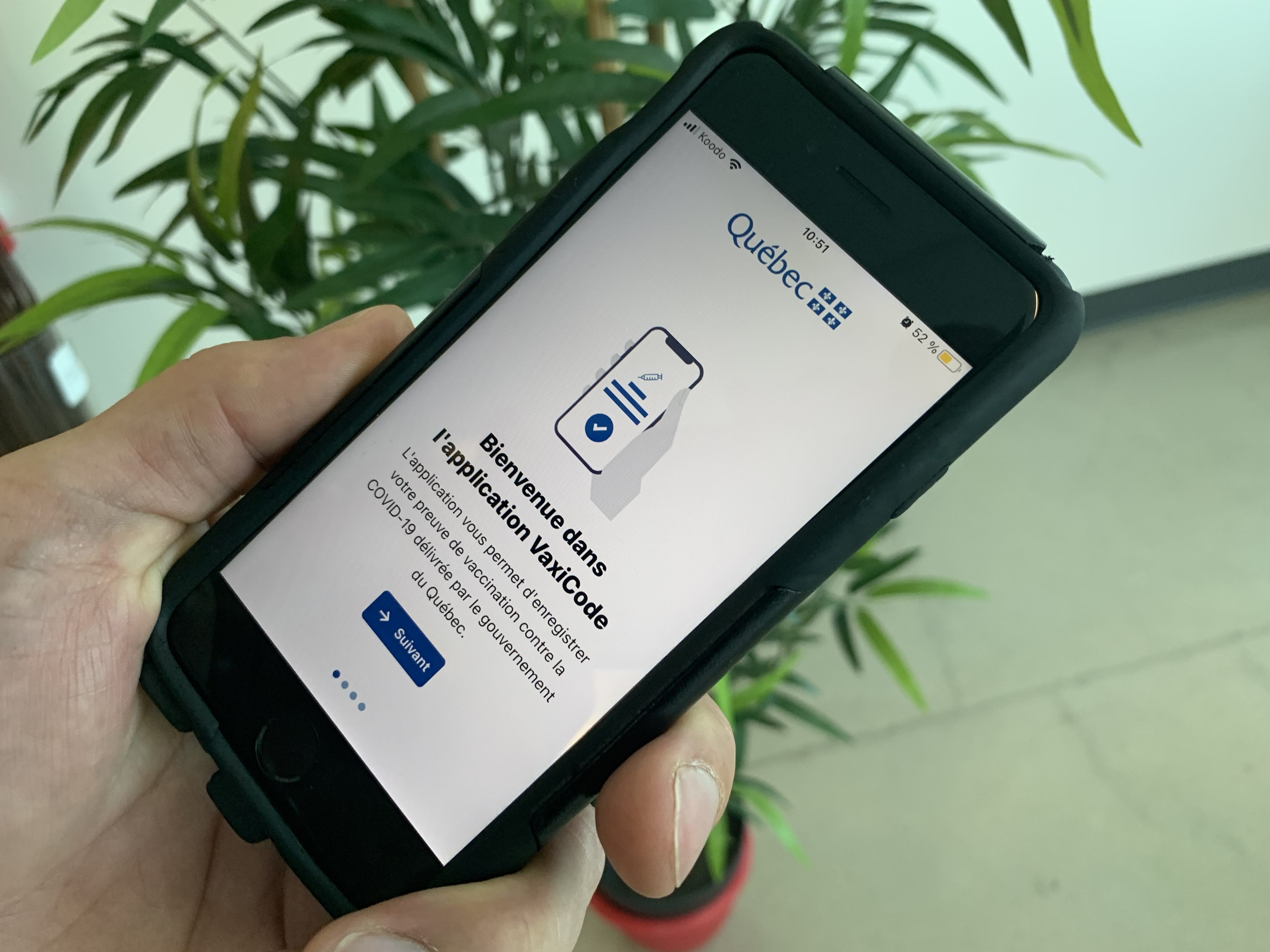 Une main tient un téléphone intelligent. L'application VaxiCode, la plus téléchargée de l'AppStore, est affichée