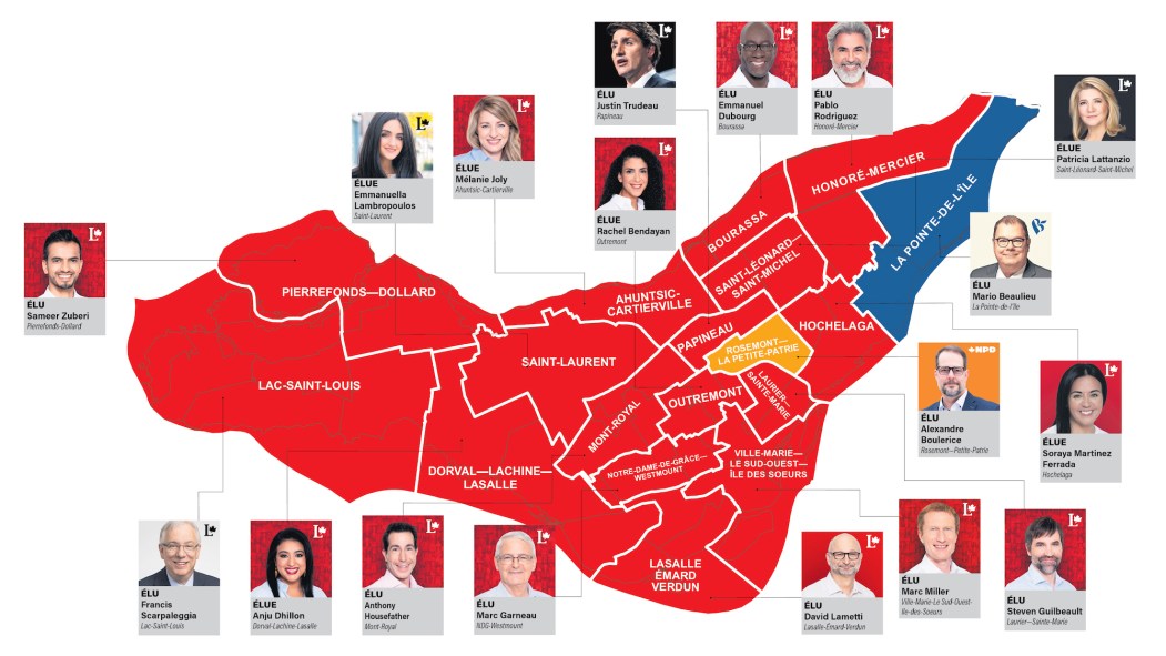 Carte des résultats des élections fédérales 2021 sur l'île de Montréal.