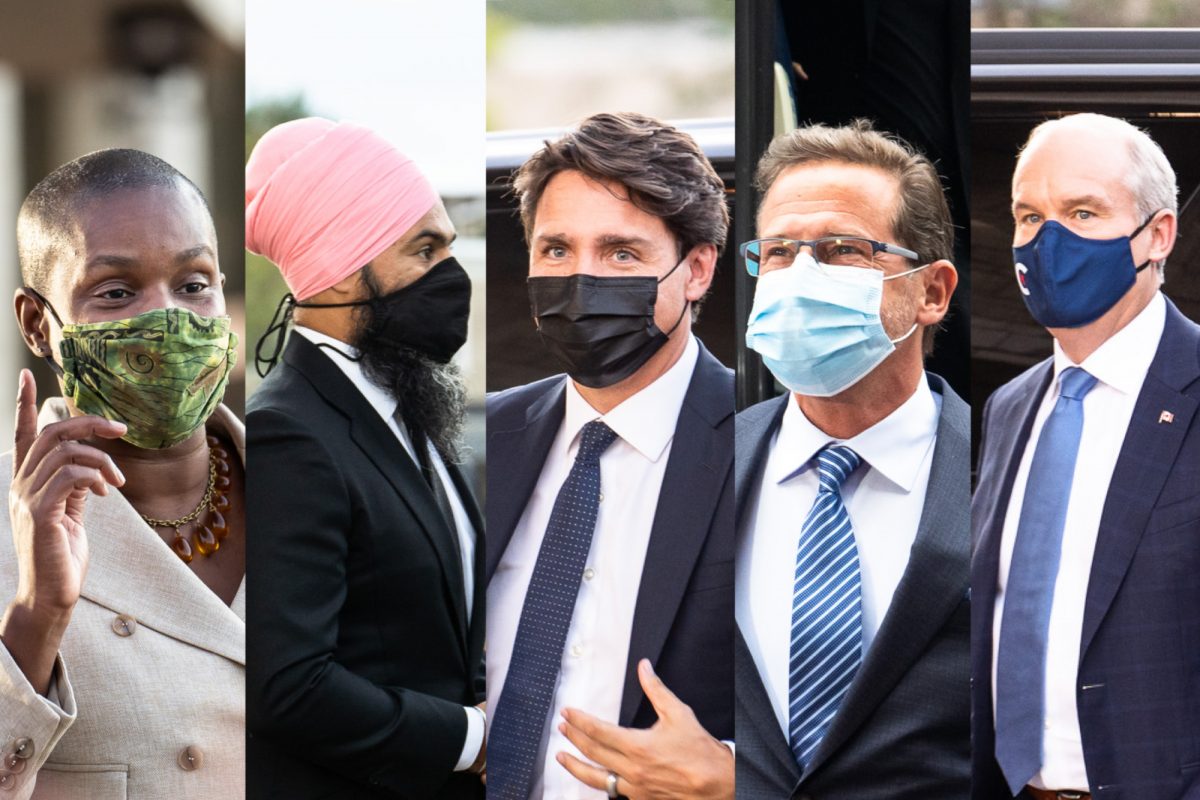 Jagmeet Singh, Annamie Paul, Yves-François Blanchet, Justin Trudeau et Erin O'Toole à leur arrivée au débat des chefs lors des élections fédérales 2021.