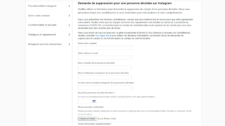 Suppression supprimer compte Instagram personne décédée