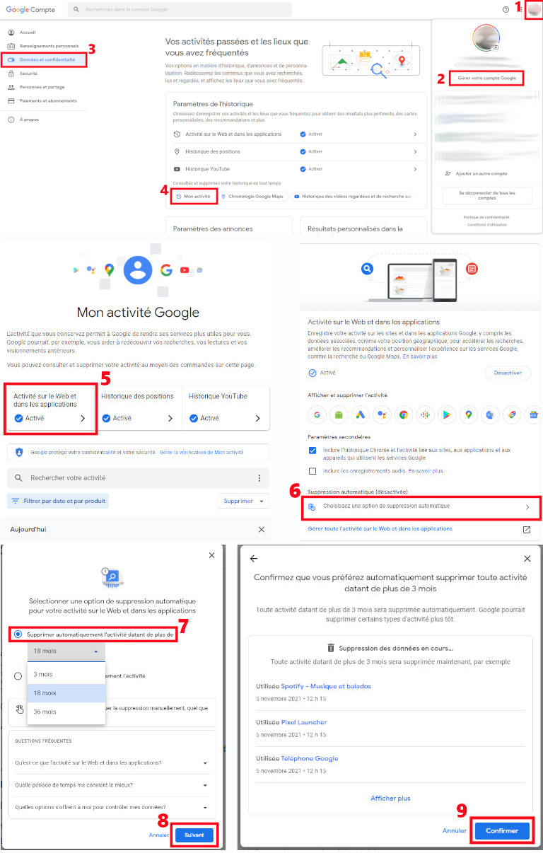 Comment supprimer automatiquement activités données compte google ordinateur