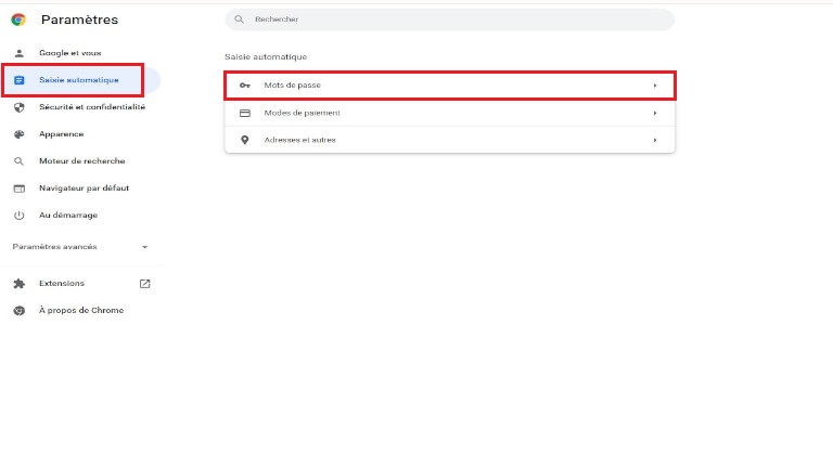 paramètres mots de passe saisie automatique désactiver fonction sauvegarde informations