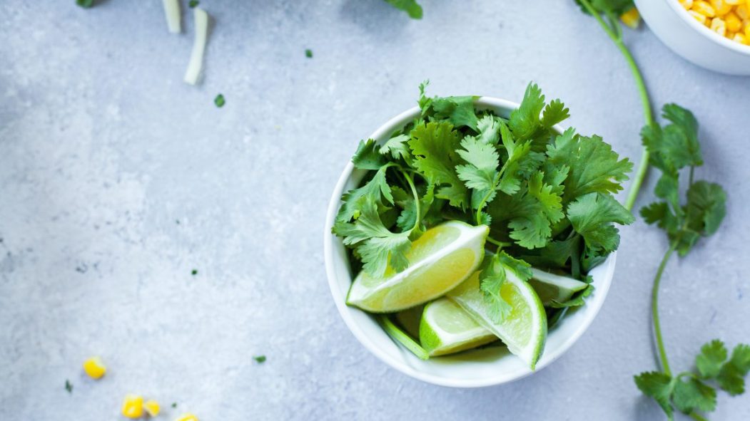 Un bol de coriandre et de limes.