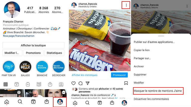 comment masquer mentions j'aime nos publications instagram