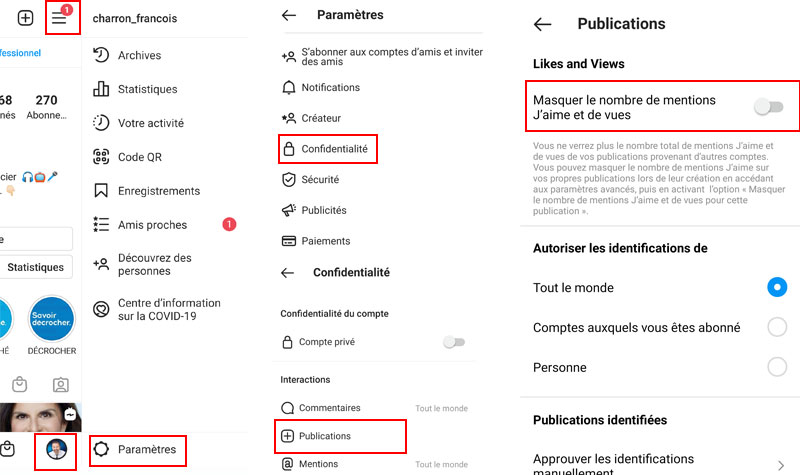 comment masquer mentions j'aime publications instagram autres