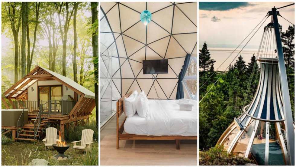 Quelqu'un a dit glamping? De gauche à droite : Momentôm refuge nature, Dôme triple - Bel Air Tremblant, Les Perchoirs du Cirque