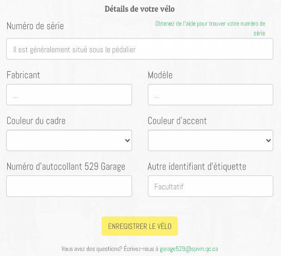 Les détails du formulaire à remplir en ligne pour enregistrer son vélo