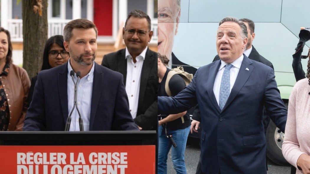 Montage montrant Gabriel Nadeau-Dubois avec des militants de Québec solidaire (QS) et François Legault avec des militants de la Coalition Avenir Québec (CAQ)