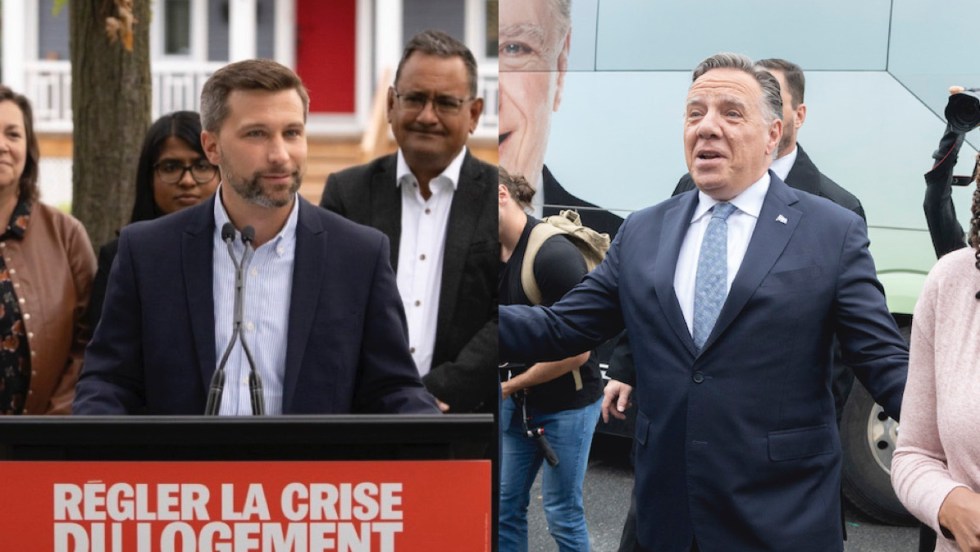 Montage montrant Gabriel Nadeau-Dubois avec des militants de Québec solidaire (QS) et François Legault avec des militants de la Coalition Avenir Québec (CAQ)