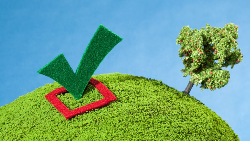 Un crochet de case de vote sur une planète verte, représentant l'importance du climat pour les partis politiques