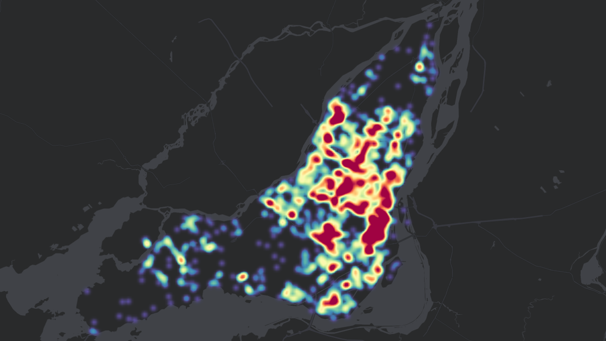 Cette carte permet de visualiser la concentration dans certains axes ou intersections des accidents impliquant des piétons à Montréal.