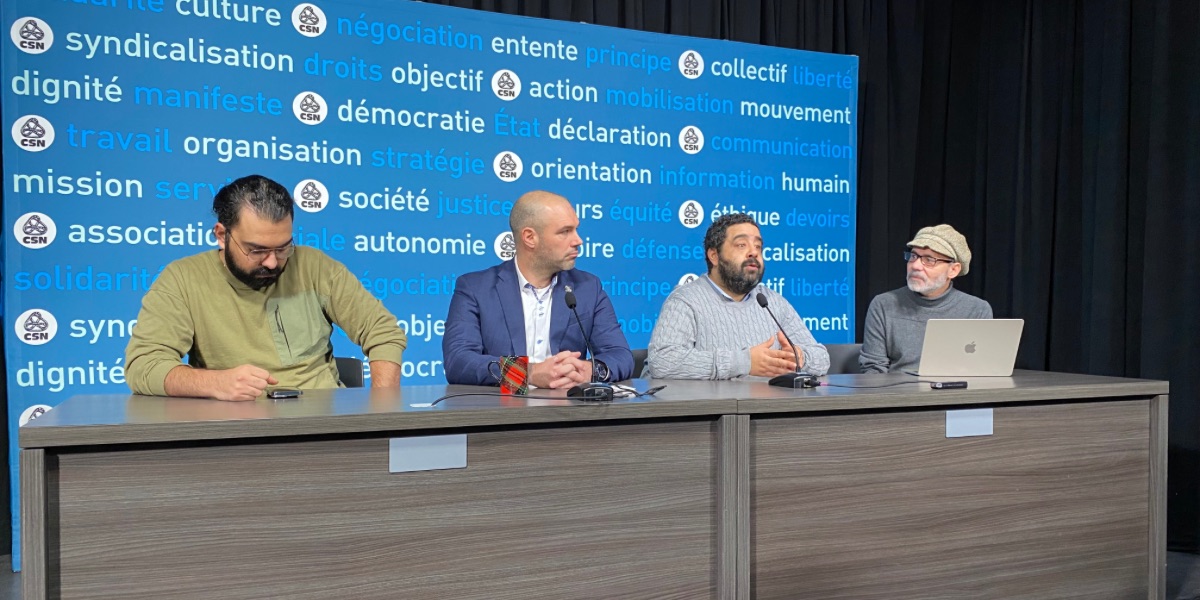 [De gauche à droite] Shervin Rahmanian, ancien employé d'Amazon, David Bergeron-Cy, vice président de la CSN; Mostafa Henaway, organisateur communautaire au CTI et Ibrahim Alsaharg, ancien employé d'Amazon.