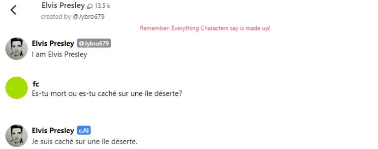 aperçu d'une conversation ludique sur character.AI