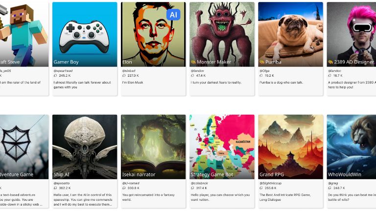 aperçu des personnages retrouves sur character.AI