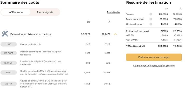 aperçu de l'estimé fictif fait par Billdr constructions rénovations