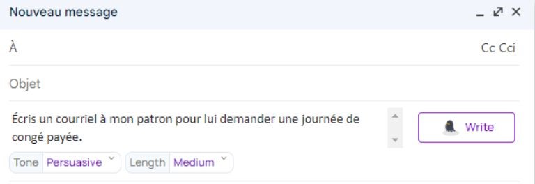 exemple aperçu options rédaction courriel ai ghostwrite