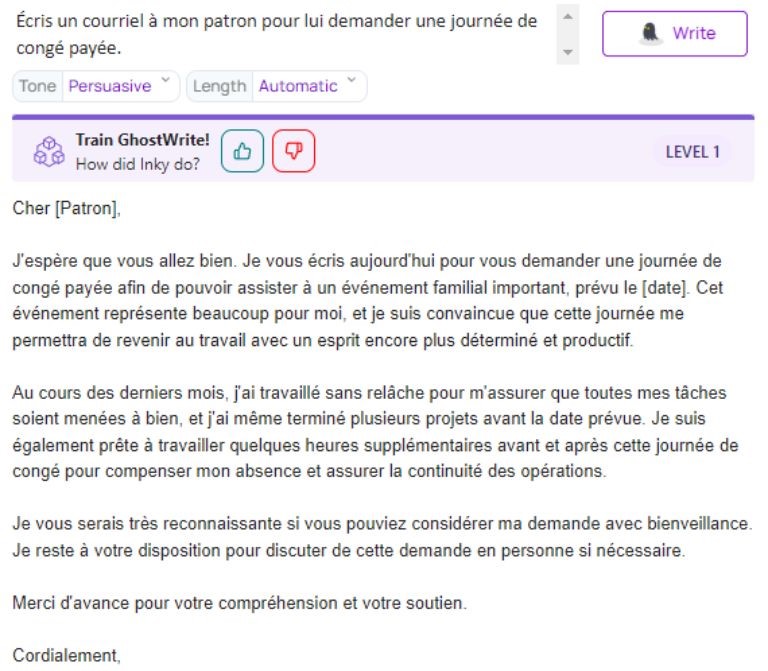 aperçu exemple rédaction message ai ghostwrite