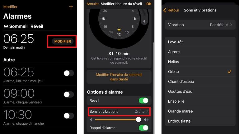 marche à suivre activer sonneries iPhone cachées sommeil