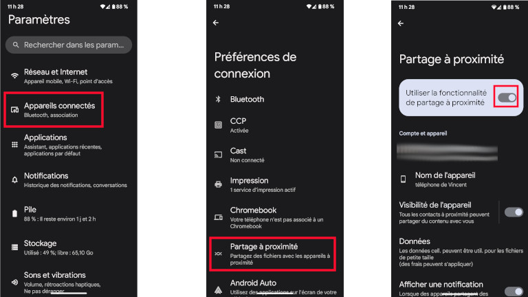 Activer partage à proximité Android