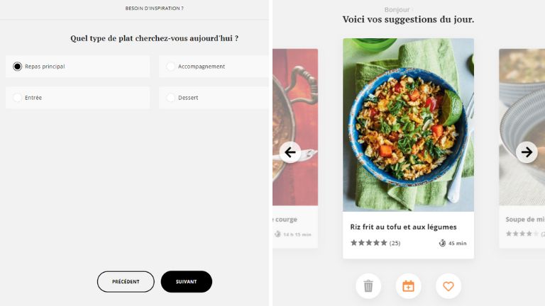 aper^cu de suggestions de repas faites par l'intelligence artificielle de Ricardo