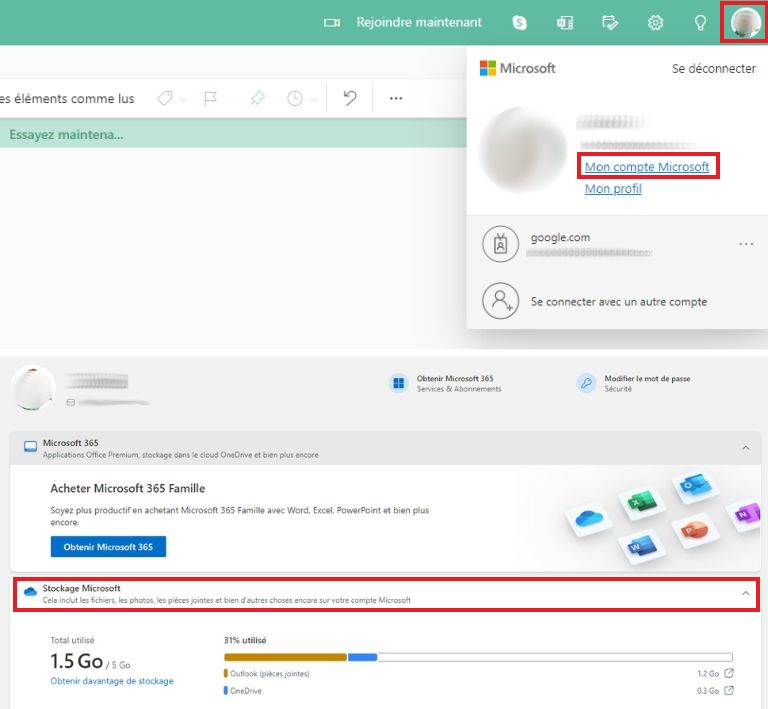 comment vérifier stockage Microsoft via compte