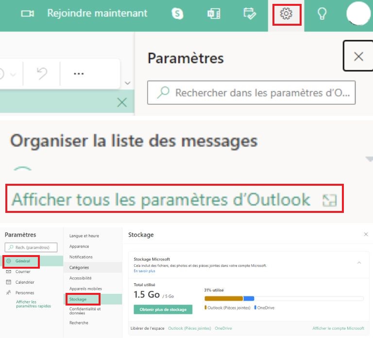 comment vérifier stockage Microsoft via paramètres