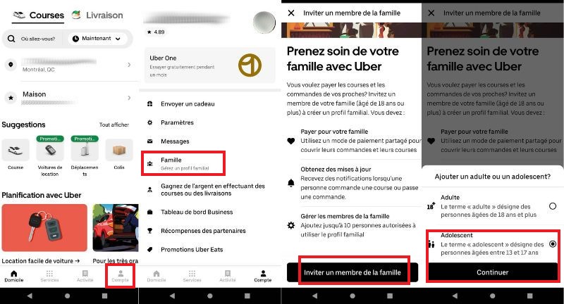 comment ajouter compte adolescent sur app Uber