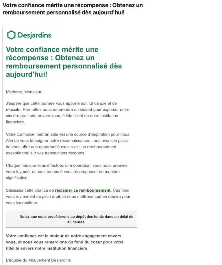 aperçu courriel desjardins fraude récompense