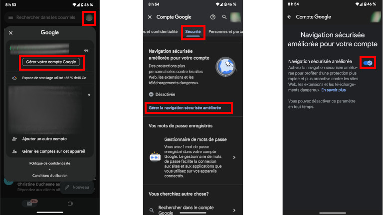 Comment activer navigation sécurisée renforcée Google téléphone tablette