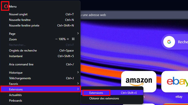 Gestion extension navigateur web Opera